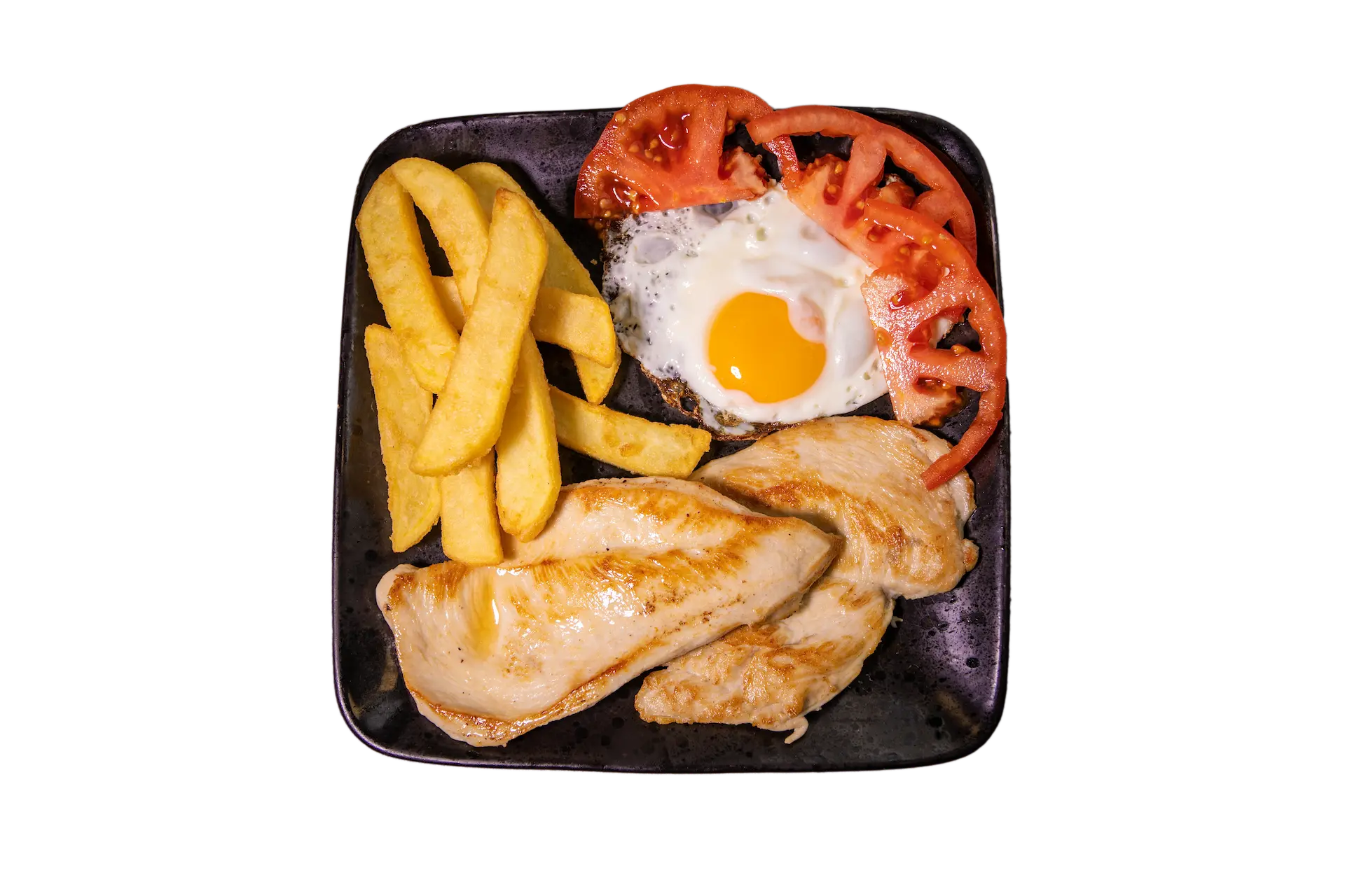 Pollo a la plancha con patatas y huevo